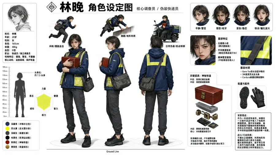 角色林晚的设定图：正面、侧面、背面和道具