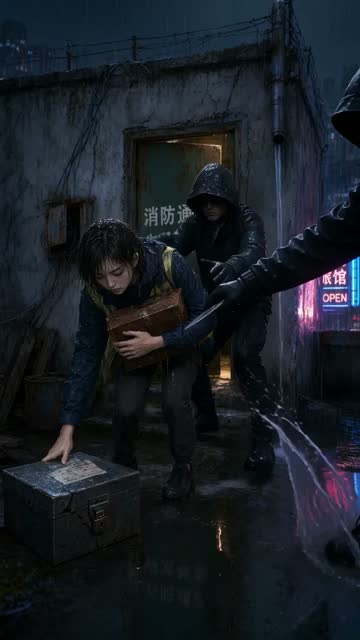 黑衣人伸手去抢铁盒